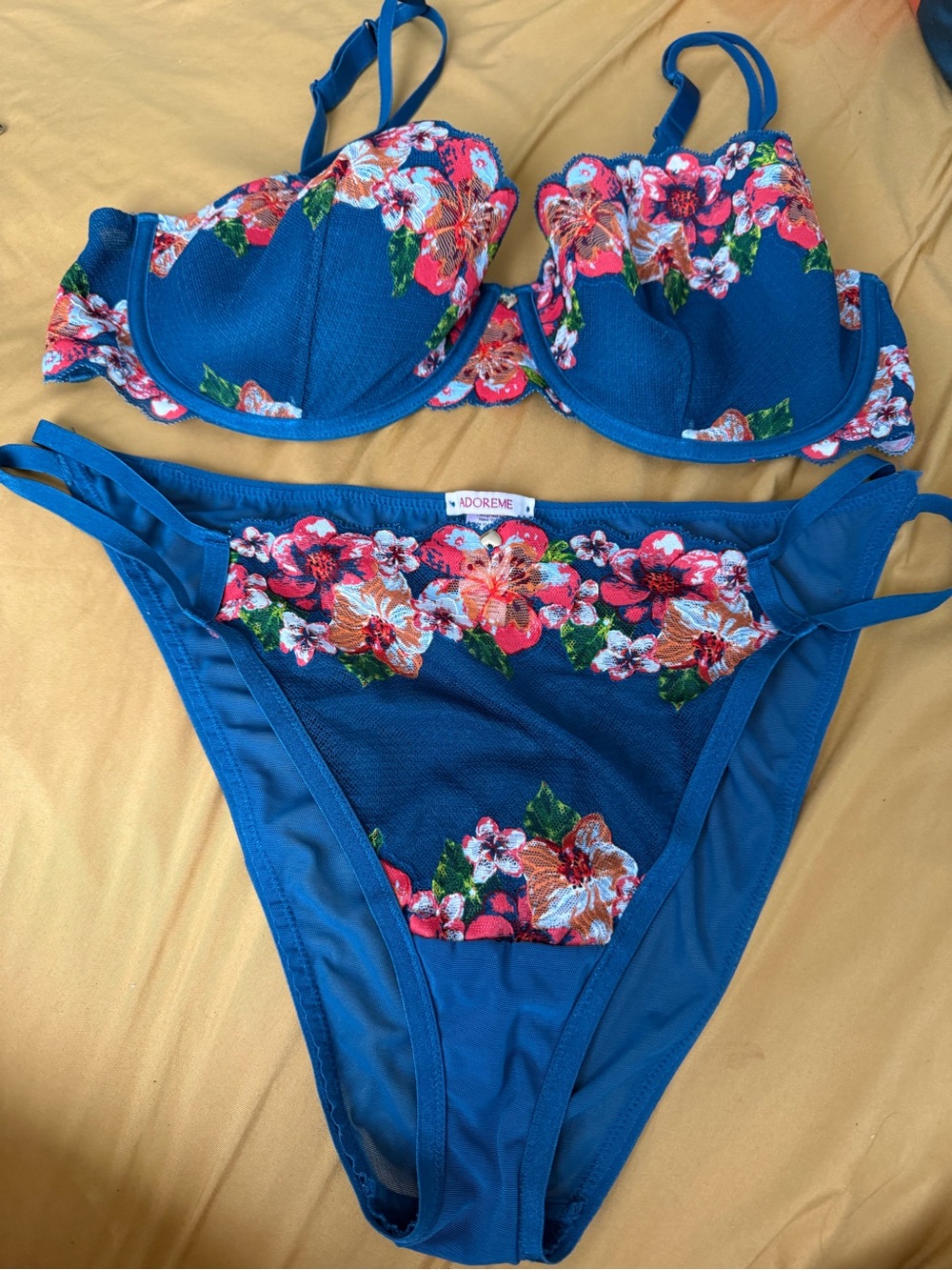 Adore Me Blue Floral Embroidered Bra & Panty Set